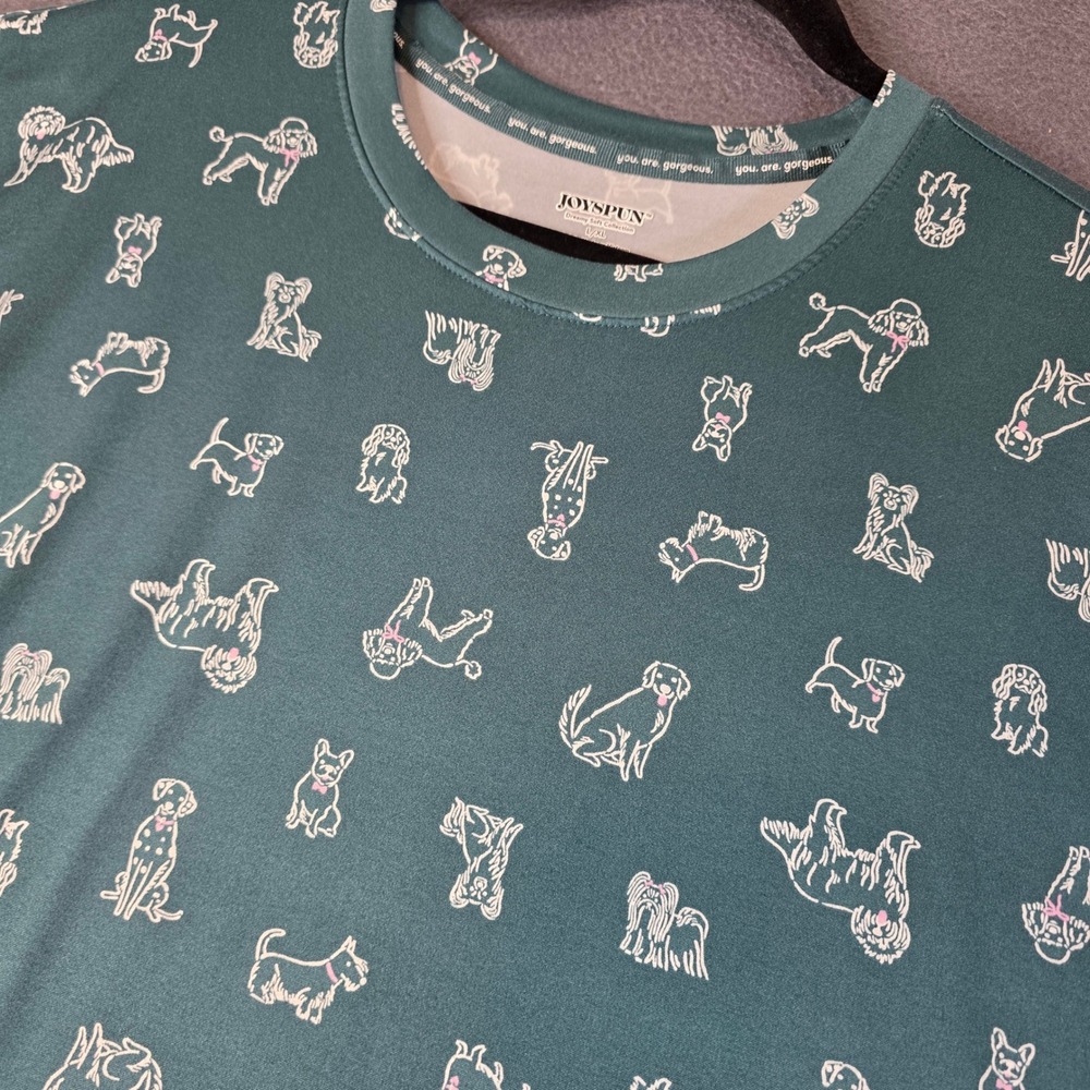 Joyspun Nightgown Women L/XL Green Dog Print Short Sleeve Pocket Sleep Dress